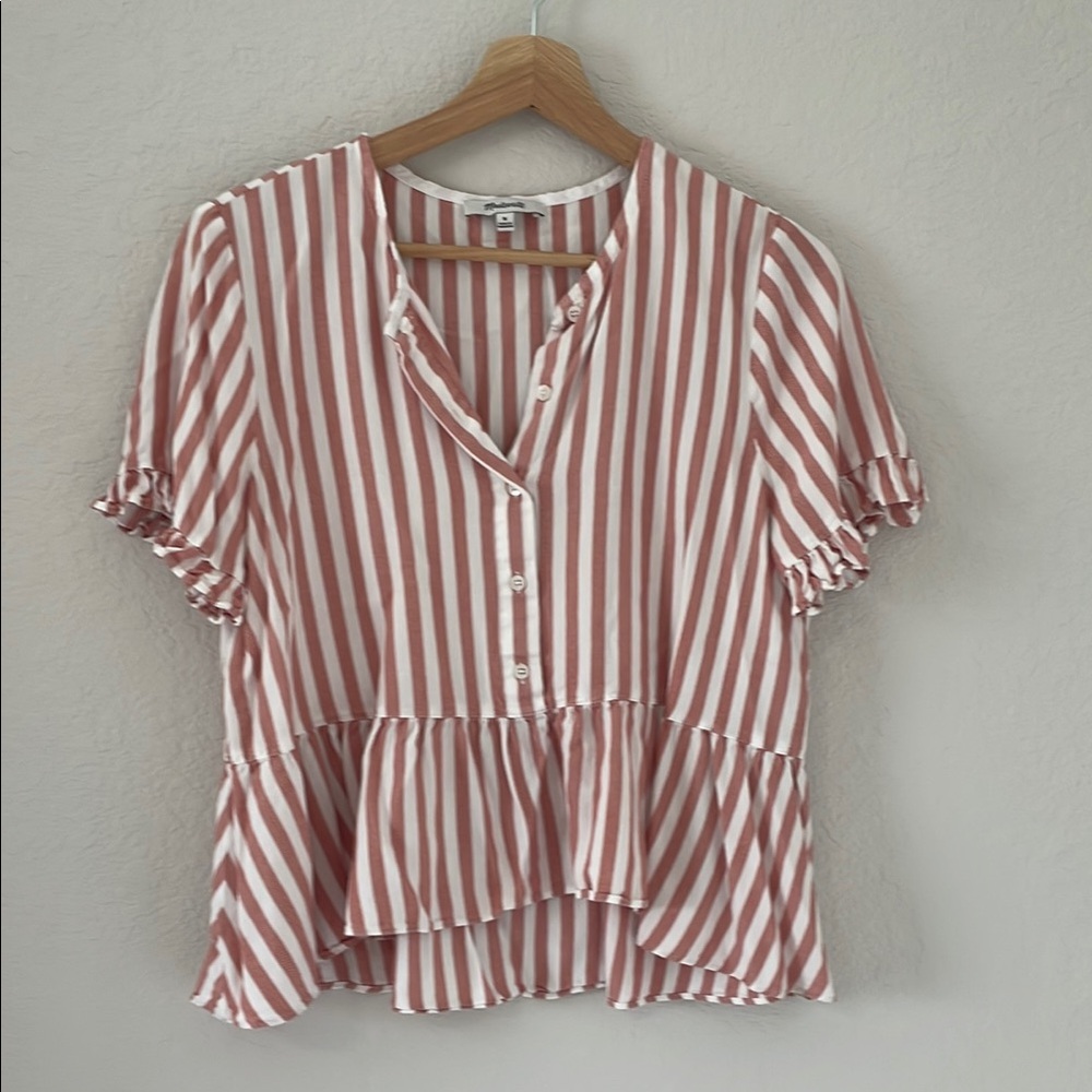 Madewell Striped Ruffle Sleeve Peplum Top - Pink and White Sz: M
